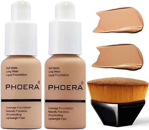 2 Pcs Liquid Foundation Full Coverage 24HR 30ml Matte Oil Control Foundation Makeup Concealer (Buff Beige & Sand) with Kabuki Foundation Brush Flat Top