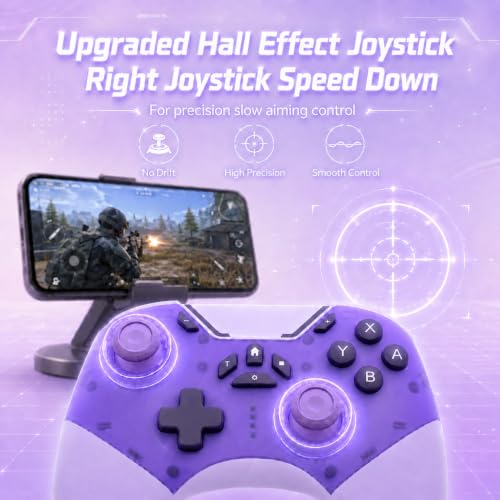 Image of aghi Bluetooth Phone Controller with Hall Effect Joysticks and Phone Clip | Wireless Gamepad for iPhone /Android /TV /PC /Steam /Switch 1 /2, with Lock Speed, Macro, 6-Axis Gyro, Vibration, Turbo, Purple