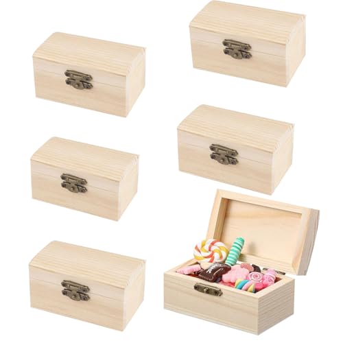 DBAATTZ Cofre de Tesoros de Madera sin Terminar, Un Juego de 6 Piezas Pequeño Cofre del Tesoro de Madera, Caja de Joyería de madera, Cofre del Tesoro con Tapa, para Fiestas de Cumpleaños