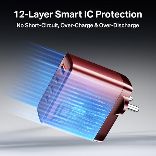 Image of Boat 100W GaN Charger: Fast Charging Adapter with 4 Ports (3 USB-C + 1 USB-A), PD Support, MacBook air M3 0-50% in 26 Mins, Compatible w /All iPhones, Android Phones, MacBooks, HP etc (Monarch Red)