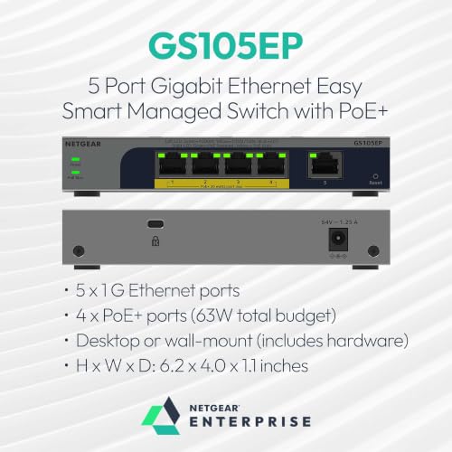 Image of NETGEAR 5-Port Gigabit Ethernet PoE+ Easy Smart Managed Switch - with 4 x PoE+ @ 63W, Fanless, Desktop or Wall Mount (GS105EP)