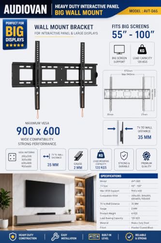 Image of AUDIOVAN Panel Mount Heavy Duty Interactive Panel Wall Mount Bracket (AVT-D65) for 55 inch to 100 inch Large Displays, Max VESA 900x600mm, 120kg Load Capacity, Ultra Slim (Black Fixed WALL Mount, D-65)