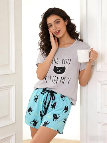 Image of VENTELAN Pajama Set For Women Cute PJS Summer Short Sleeve Shorts Sleepwear