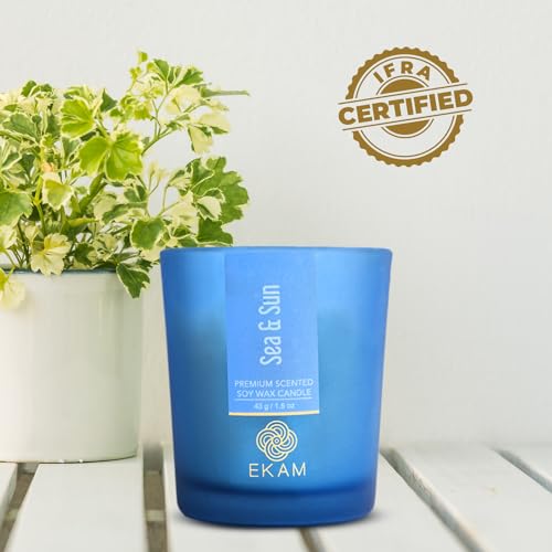 Image of EKAM Sea & Sun Votive Soy Wax Scented Candle, 40 Grams, 10 Hours Burn Time| Long Lasting Premium Candles | Ideal for Home Decor | Gifting & Aromatherapy