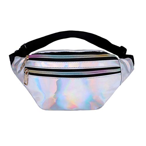 TENDYCOCO Riñonera para Mujer de Neón Bolsa metálica Brillante Bolso Wasit Bolsa Reflectante Impermeable Paquete de PU Bolsa de Viaje en la Playa (Plata)