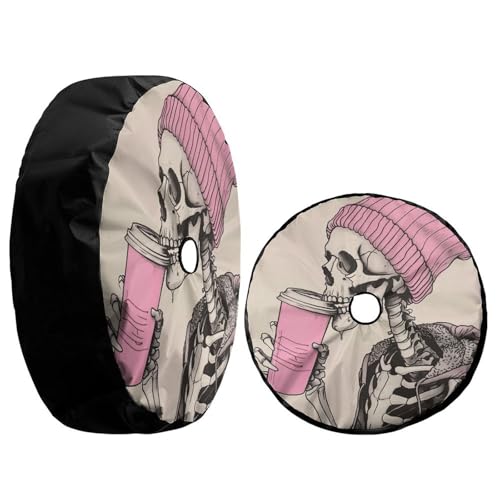 Image of Delerain Skeleton Drinking Coffee Spare Tire Cover with Backup Camera Hole Wheel Protectors Sun Protector Waterproof for Trailer RV SUV Truck and Many Vehicle(13 Inch for Diameter 21 inch-23 inch)
