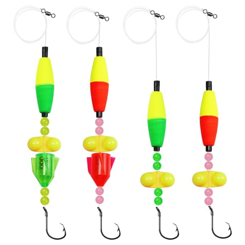 Kit listo para usar MAFIMOEA 4 piezas para pesca de bagre con anzuelos de círculo de alta resistencia, tubo sonoro 2 en 1 y cuentas de ruido duales, aparejos con boya ajustable para agua dulce y salada