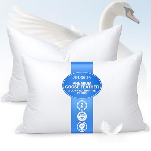 zibroges Goose Feather Pillow King Size Pack of 2 Down Hotel Bed Pillows for Sleeping, Soft 600 Thread Count Cotton Cover, Fluffy Support Surround Fill Polyester for Back, Stomach, Side Sleepers