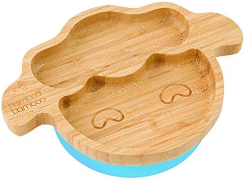 Bamboo Bamboo Baby Toddler Little Lamb Suction Plate, Stay Put Feeding Plate, Natural Bamboo (Blue)