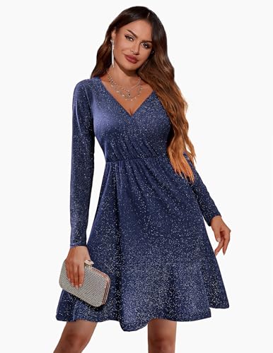 Image of Zeagoo Womens Glitter Dress Wrap V Neck Long Sleeve Swing Club Cocktail Party Dresses Sequin Sparkle Dress Christmas Dress