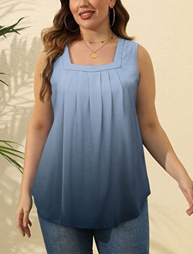 Image of Saloogoe Summer Tank Tops for Women Loose Fit Pleated Square Neck Sleeveless Tops Curved Hem Flowy