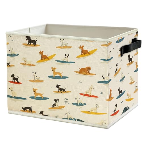 Image of Funny Coastal Beach Surfing Dog Storage Bins Box with Handles, Dog Lovers Gifts, Surfing Gifts, Ocean Surf Puppy Collapsible Basket Organizer for Bathroom Bedroom Books Clothes