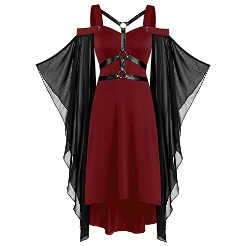Kuluzego Burgundy Wine Women Graphic Dresses - Spaghetti Strap 3/4 Sleeve Mini Petite Victorian Gothic Grunge Mesh Summer Fall Dresses 2025 Soft Comfy Clothes Fashion XXL