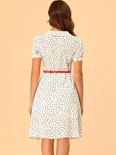 Image of Allegra K Women's Peter Pan Collar Tie Neck Short Sleeves A-Line Elegant Belted Vintage Floral Dress