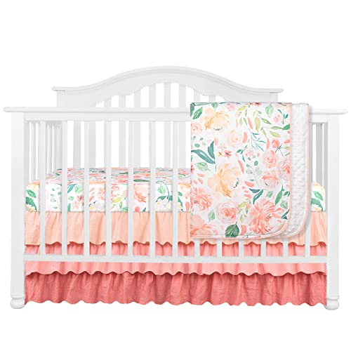 Image of Secret Garden Coral Floral Ruffle Baby Minky Blanket Water Color, Peach Floral Nursery Crib Ruffle Skirt Set Baby Girl Crib Bedding (Secret Garden 3 Pieces Set)