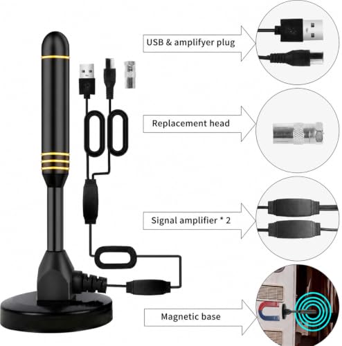 Image of Indoor TV Antenna with 2 Signal Boosters & 32FT Cable - Digital Antenna for Smart TV, Magnetic Base, Supports 4K 1080p - Dual Amplifiers for Long Range Reception of Local Channels(Gold)
