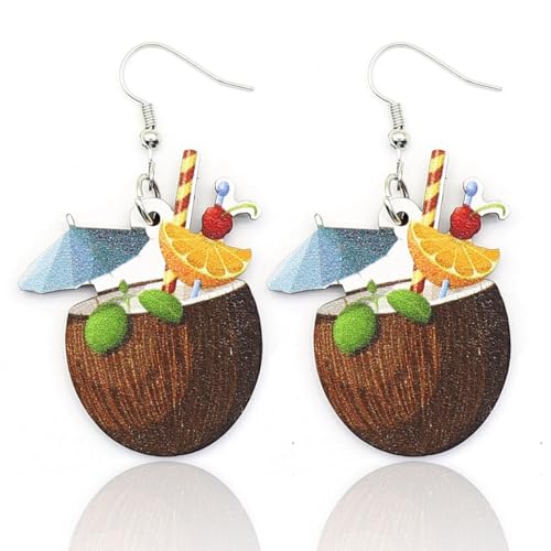 Hawaiian Coconut Drink Earrings for Women Cute Colorful Strawberry Orange Coconut Tree Dangle Earrings Funny Hawaiian Holiday Party Jewelry Beach Travel Souvenir Decors