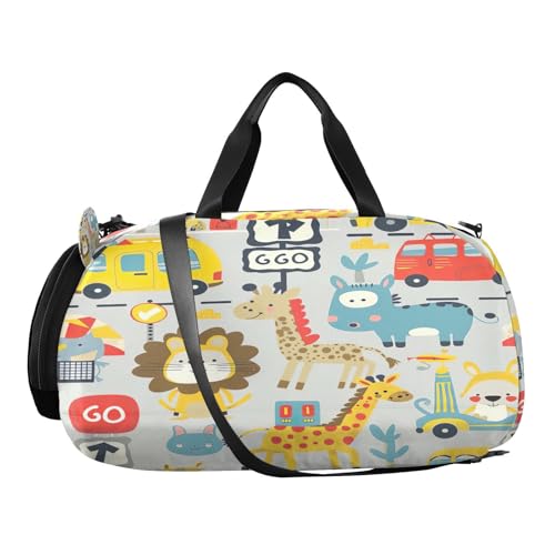 YETTASBIN Sport Travel Duffel Bag for Girls Boys, Cartoon Animal Car Large Waterproof Weekender Overnight Bag, Detachable Shoulder Strap Gym Bag with Shoe Compartment & Wet Pocket2