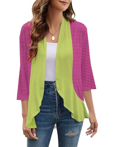 Image of Cardigans for Women Trendy 3 /4 Sleeves Lightweight Summer Flower Ruffles Striped Color Block Cardigan
