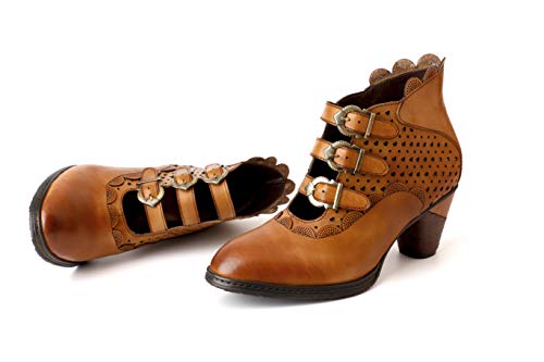 CrazycatZ Women Leather Pumps Shoes, Leather Vintage Gothic Mid Boots Shoes Hollow Leather Shoes