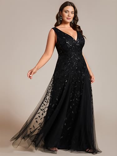 Ever-Pretty Women's Floor Length V Neck Backless A-line Sleeveless Tulle Sequin Emboridery Plus Size Formal Dresses3