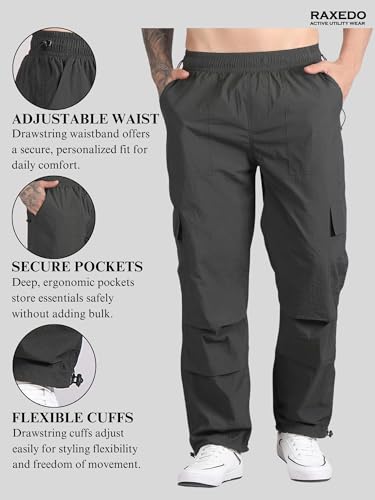Image of Men's Water-Resistant Parachute Pants | Mens Bottom Wear | Cargo Pants for Men | Korean Pants for Man | Baggy Trackpants | Lightweight Multi-Pocket Utility Fit - Freedom to Move & All-Day Comfort