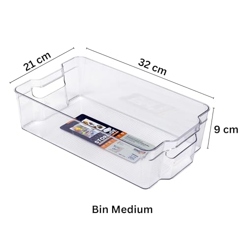 Image of Plastic Pantry Organizer Bins | Fridge Storage Boxes | Refrigerator Containers | Organiser for Pantry, Cabinet, Freezer | Containers for Food, Drinks & Snacks (Medium, 32x21x9, Pack of 1)