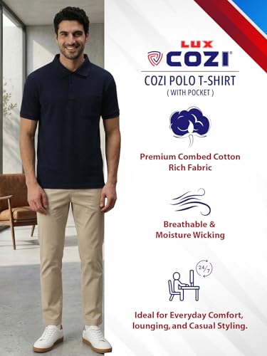 Image of Lux Cozi Men's Polo T-Shirt Regular Fit Half Sleeves with Pocket | Cotton Blend Polo Neck Collar T-Shirt for Men | Casual, Office Comfortable Breathable T-Shirt | Stylish Plain Tee