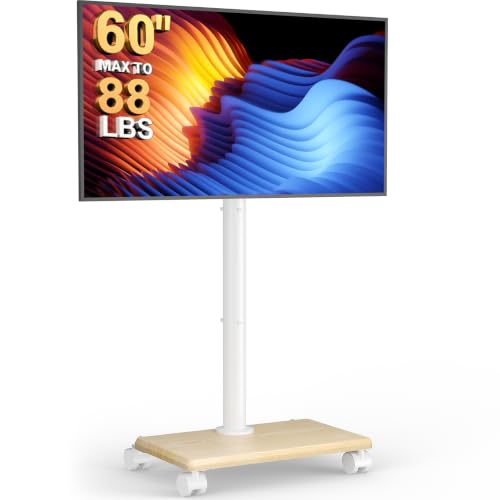 Image of Perlegear Rolling TV Stand with Wheels for 32-60 Inch TVs | Height Adjustable Mobile TV Cart , Tilt -10 to 5, 88lbs Capacity, VESA 100x100-400x400,Wood Base & Locking Wheels-White