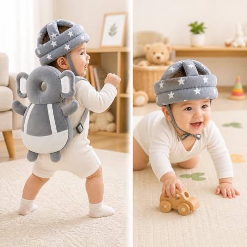 Image of GLUN Baby Back Protector with Head Protective Hat Combo Set, Cute Elephant Shape Soft Cushioning, Adjustable Shoulder Belt, Head Protection Gear for 6-18 Month Toddler Kids