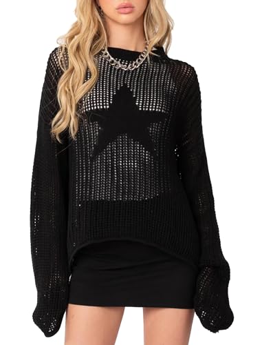 Image of CORIRESHA Women's Fashion Star Boat Neck Long Sleeves Oversized Knit Sweaters Cover Up
