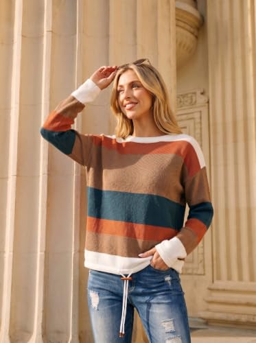 Image of Dokotoo Womens Sweaters Striped Fall Winter Outfits Drawstring Color Block | Long Sleeve,Crewneck,Lightweight Fashion Clothing,Teachers Comfy Outfits,Business Casual Tops,Vacation Wear
