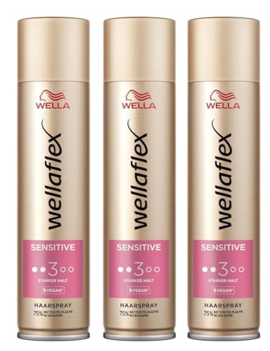 3x Wellaflex Sensitive Haarspray Bis zu 48 Stunden,starker Halt Parfümfrei Sanft zur Kopfhaut,dermatologisch getestet Vegane Formel Haltegrad 3 * 250ml (3er Pack)