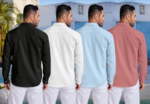 Image of FINIVO FASHION Combo of Men's Casual Cotton Plain Button Down Shirt Long Sleeve Textured Summer Beach Shirt for Men Pack of 4