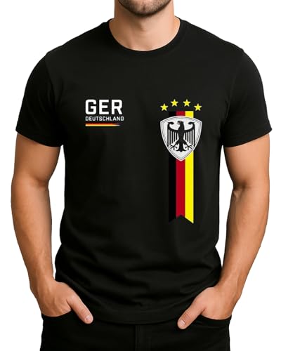 GER Deutschland Fußball Fan Design mit Adler Wappen 4 Sternen und Deutschlandflagge Shirt Herren T-Shirt Schwarz L