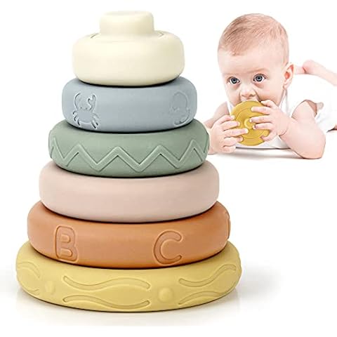 BOBXIN Stacking & Nesting Rings Toy, Soft Circle Stacker, 6 pcs Building Stacker,Teethers for Baby, Squeeze Play with Letter, Animal and Graphic, Toddler Learning Toys for 6 Month Old Boys Girls Cover