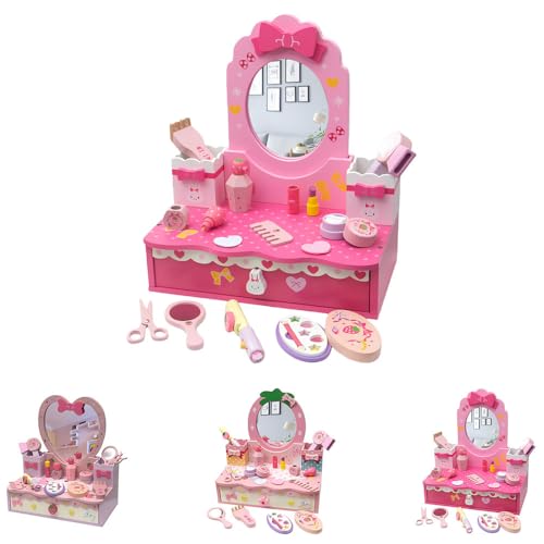 Aoccqkfドレッサー 子供 おもちゃ ままごと メイク セットシミュレーションドレッサードレッサープリンセスドレッサーテーブル木製ままごと女の子のための知育玩具 (ローズレッドのドレッシングテーブル)