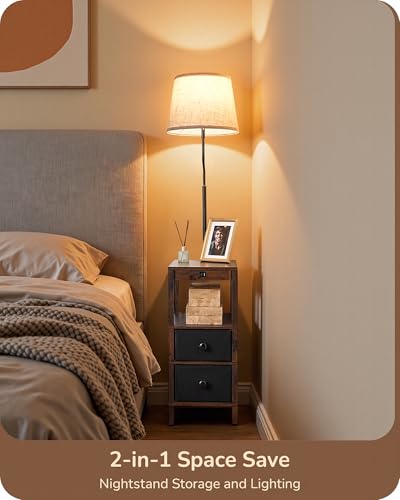 Image of EDISHINE Floor Lamp with Table Dimmable USB Type-C Ports, Fire-Burned Wood | 3000K-6500K, 2-in-1 Solution, Linen Lampshade, 2 Drawer, Modern for Living Room, Bedroom, Den, Office
