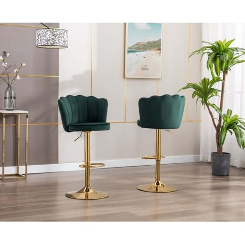 Image of Dream Furnishing - Set of 2 Bar /Kitchen Chairs 360 Degree Rotatable Swivel Elegant Classy & Comfortable Chair with Golden Base and Velvet Fabric (2 Chairs) (Green Flower)