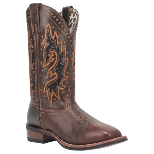 Laredo Womens Lockhart Studded Embroidered Square Toe Casual Boots Mid Calf Low Heel 1-2" - Brown2