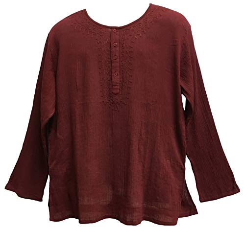 Yoga Trendz Mens Indian Burgundy Bohemian Crinkled Cotton Embroidered Tunic Shirt Kurta (XL)