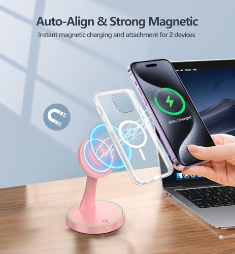 Magnetic Wireless Charger Stand 15W Fast Mag-Safe Charger for iPhone 17 /17 pro/ 17 Air/ 17 pro max 16/15/14/13/12 Series Magnet Wireless Charging Station/Pad with Sleep-Friendly Light for AirPods - 5