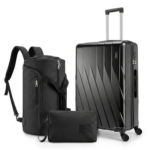 Hoteel Luggage Sets 3 Piece PC Hardside, 4-Year Warranty, Luggage Set with Spinner Wheels, TSA Lock, YKK Zipper, Lightweight Carry on Luggage, 20" Suitcase with Fitness Duffel & Organizer, Black