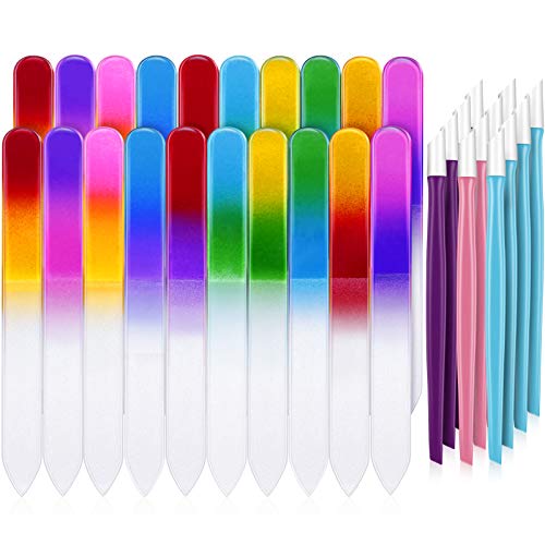 32 Pieces Glass Nail Files Fingernail File Nail Care Manicure Tools Set Rubber Nail Cuticle Pusher, Gradient Rainbow Color Buffer Manicure for Natural Nail Care Tools (3.54 x 0.39 x 0.12 Inch)
