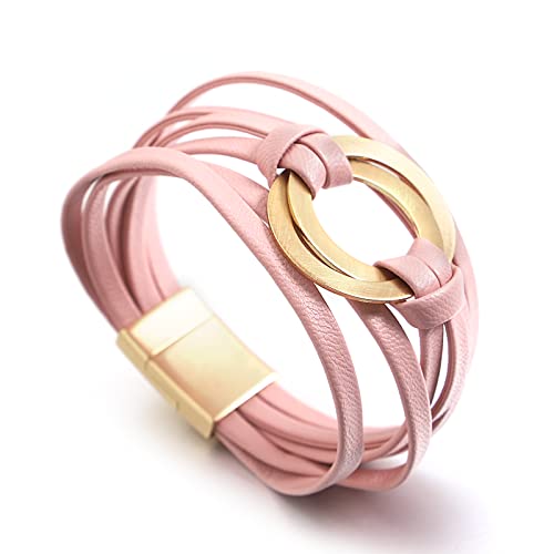 Circle Charm Bracelets For Women Handmade Pink Leather Wrap Bracelets For Women Teen Girls Bohemian Couples Friendship Bracelet Cuff Bangle Boho Jewelry Gift For Sisters, Wife And Mother #TOP3