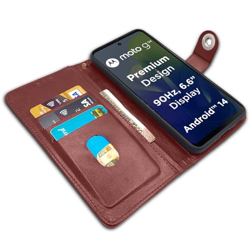 Image of Pikkme Moto G04 Flip Cover Leather Finish | Inside TPU with Card Pockets | Wallet Stand and Shock Proof | Complete Protection Button Flip Case (Brown)