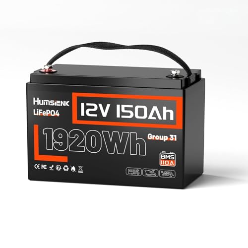 Humsienk Batería Litio 12V 150Ah,Bateria LiFepo4,BMS Inteligente de 110A,4.000–15.000 Ciclos Profundos de 12 V 1920 WH Recargable,Protección Baja Temperatura—para Solar,Autocaravana (RV)