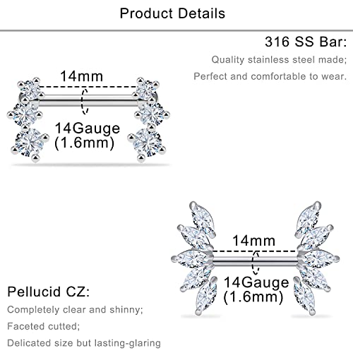 Lcolyoli 14G Surgical Steel Nipple Rings Diamond Nipple Shield Barbell Ring Staight Bar Nipplerings Body Piercing Jewelry for Women Men2