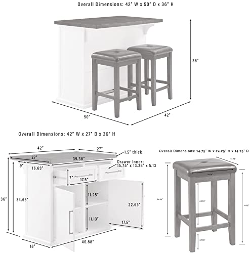 Crosley Furniture Bartlett Kitchen Island with Wood Top and Upholstered Square Stools, White/Black - Image 3