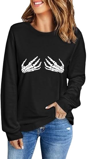 COLORFUL BLING Halloween Skull Shirts Long Sleeve Skull Graphic Print Slouchy Shirt Crewneck Pullover for Women